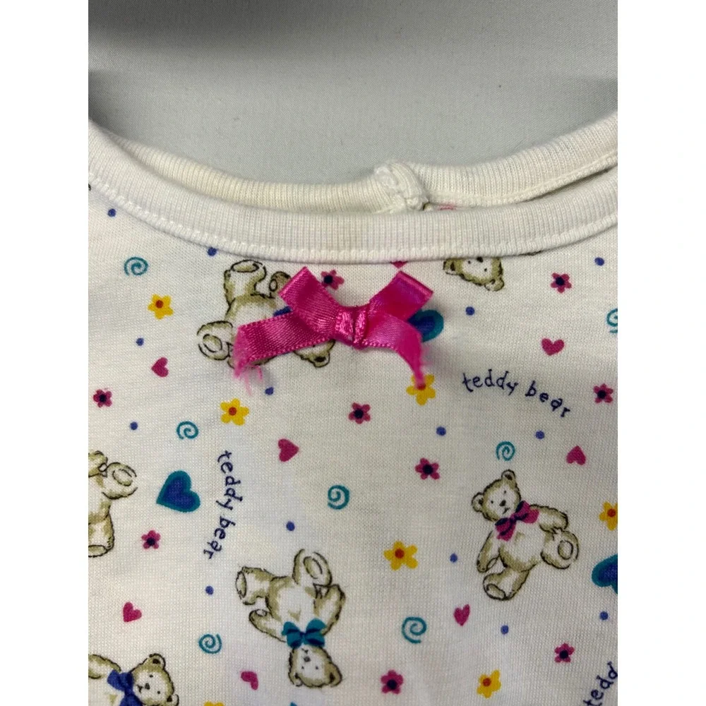 Vintage Little Lindsey Teddy Bear Print Footless Sleeper Pink Bow Ruffle 18M
